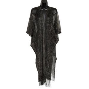 Ellie & Kate Black Gold Metallic Lace Open Knit Kimono Fringe Boho Festival OS